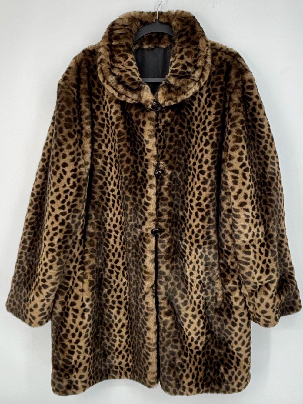Tally-Ho Womens Large Vintage Faux Fur Coat Brown Leopard Print Round Collar